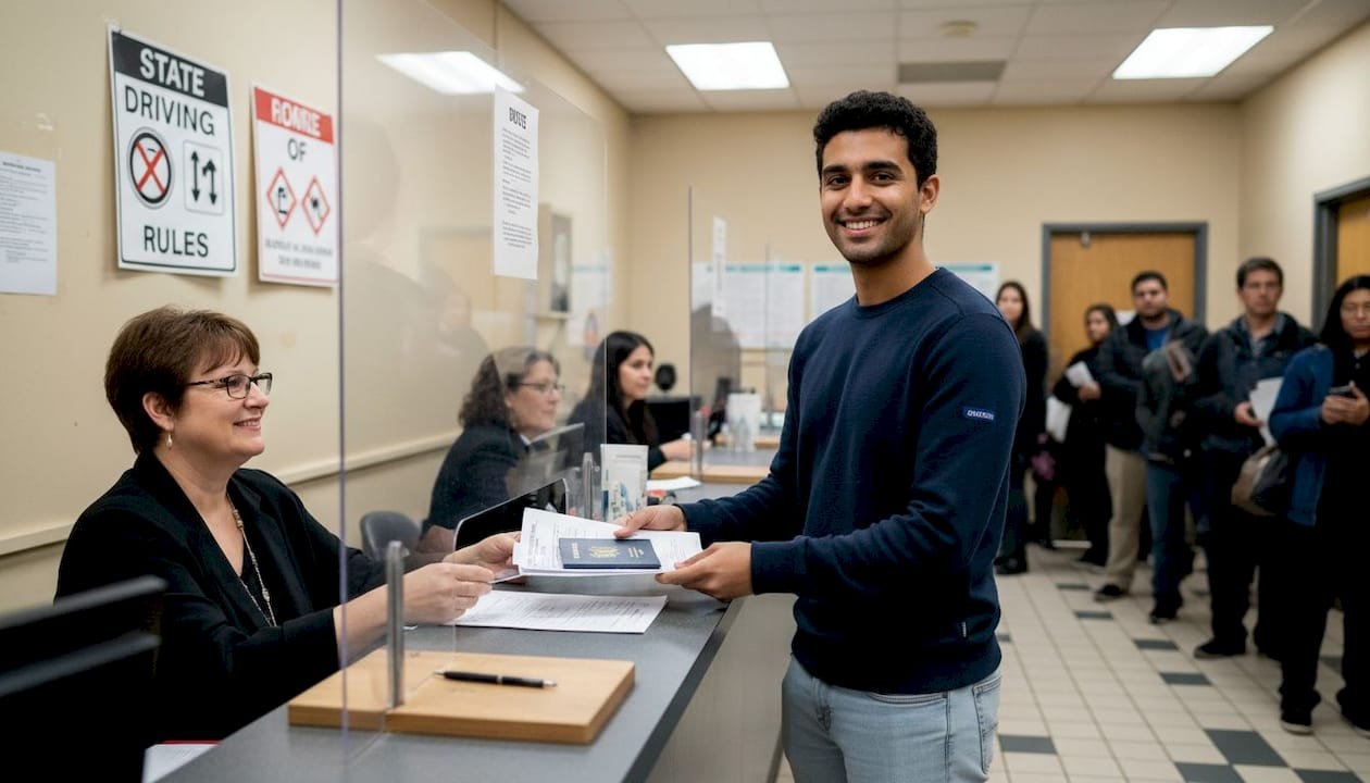 Immigrant presenting documents at DMV counter